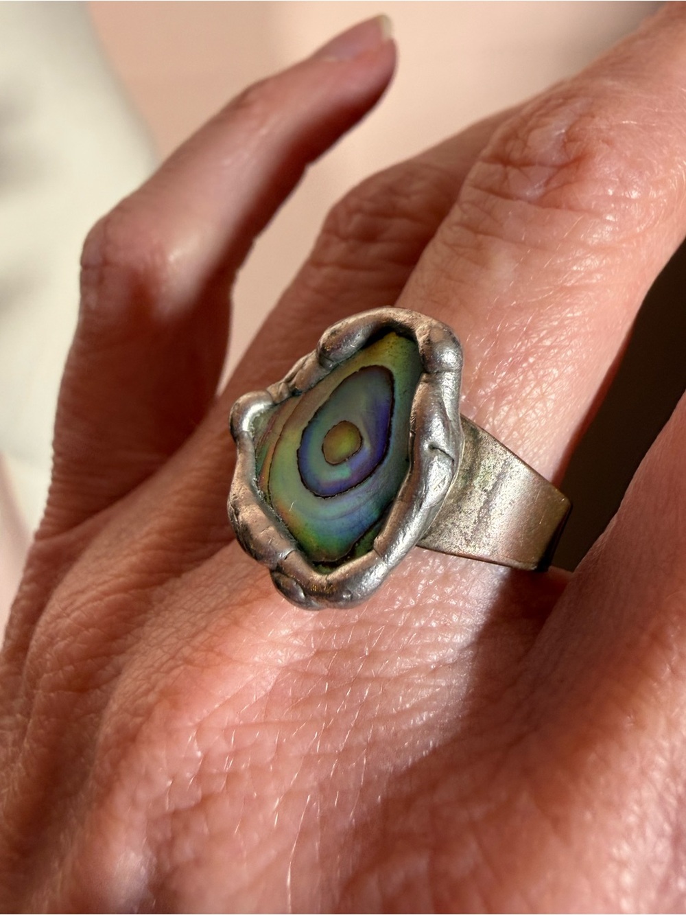 Vintage brutalist silver copper abstract abalone shell Modernist Ring adjustable